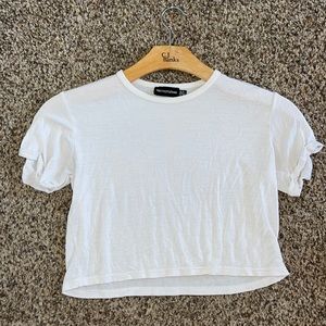 Size 4, white, flowy, PRETTY LITTLE THING brand crop top.